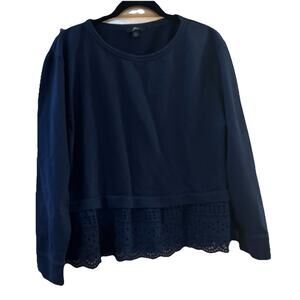 J Crew Women's Navy Blue Sweatshirt Eyelet Lace Hem Sz L Preppy Casual